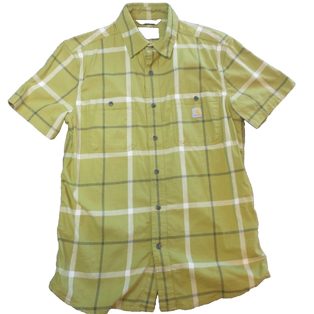 Carhartt Rugged Flex Mens Medium Relaxed Fit Plaid Short Sleeve Shirt Lime Green